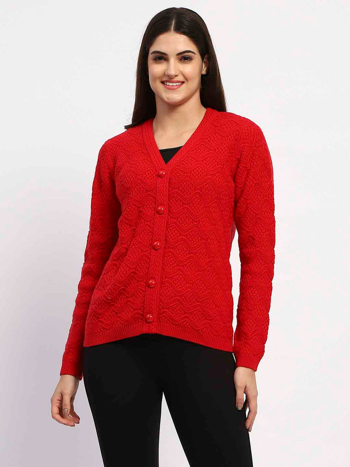 Woman wearing a red cardigan on a white background