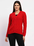 Woman wearing a red cardigan on a white background