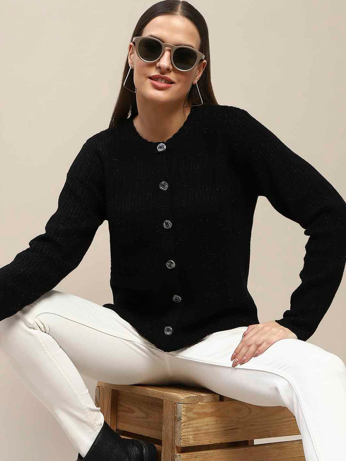 Madame Cable Knit Buttoned Black Cardigan