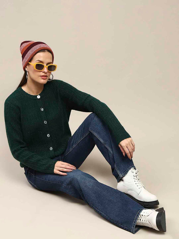 Madame Cable Knit Buttoned Bottle Green Cardigan