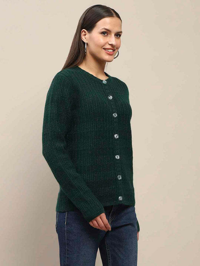 Madame Cable Knit Buttoned Bottle Green Cardigan