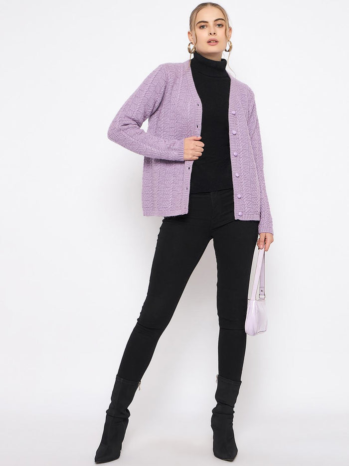 Madame Cable Knit V- Neck Buttoned Lilac Cardigan