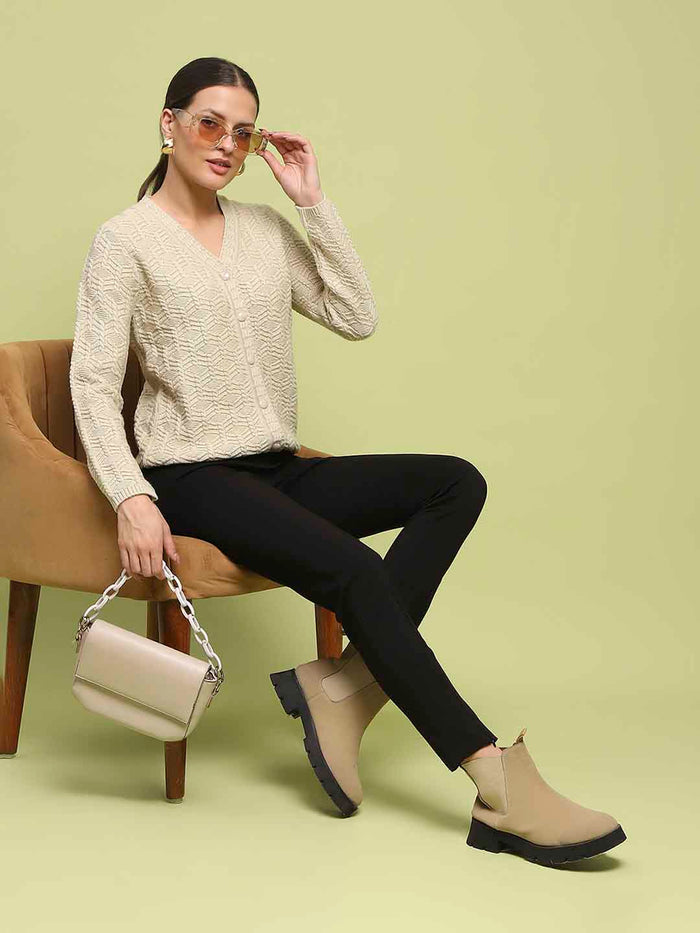 Madame Cable Knit V Neck Beige Cardigan
