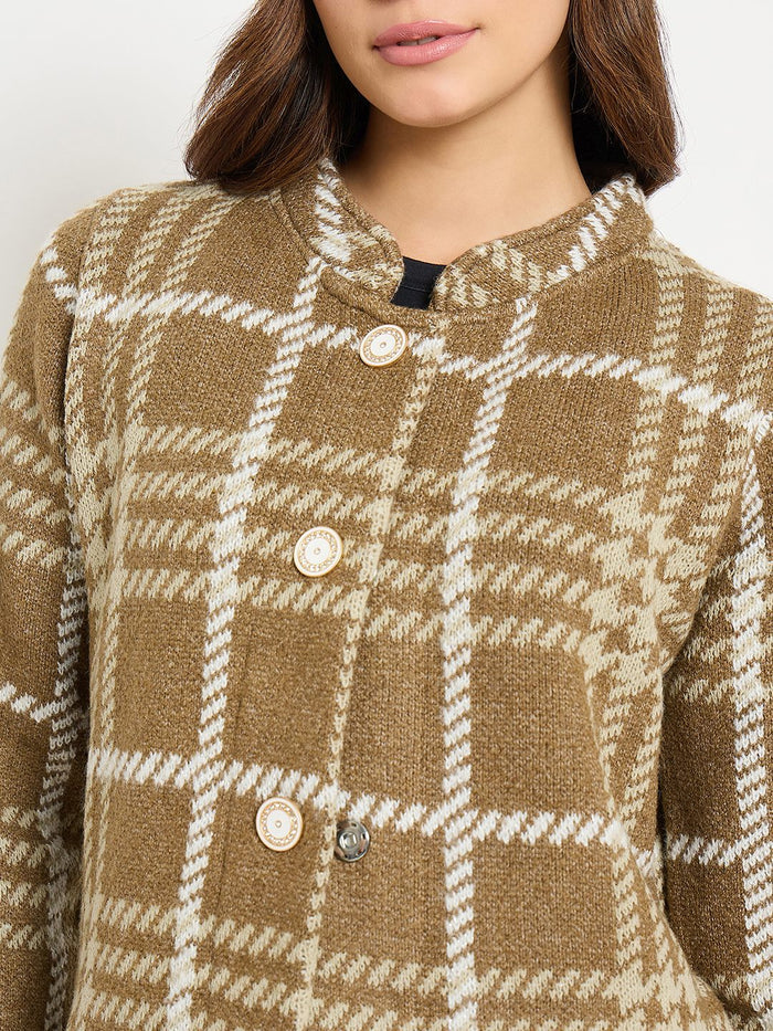 Madame Checkered Long Cardigan with Buttons