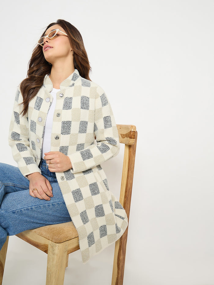 Madame Colorblock Mandarin Collar Long Cardigan