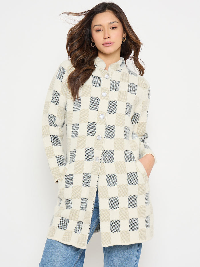 Madame Colorblock Mandarin Collar Long Cardigan