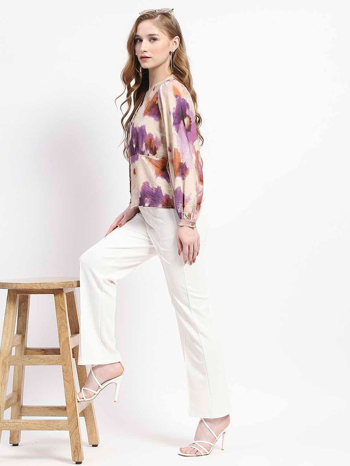 Madame Floral Print Button-Up Nylon Blend Top