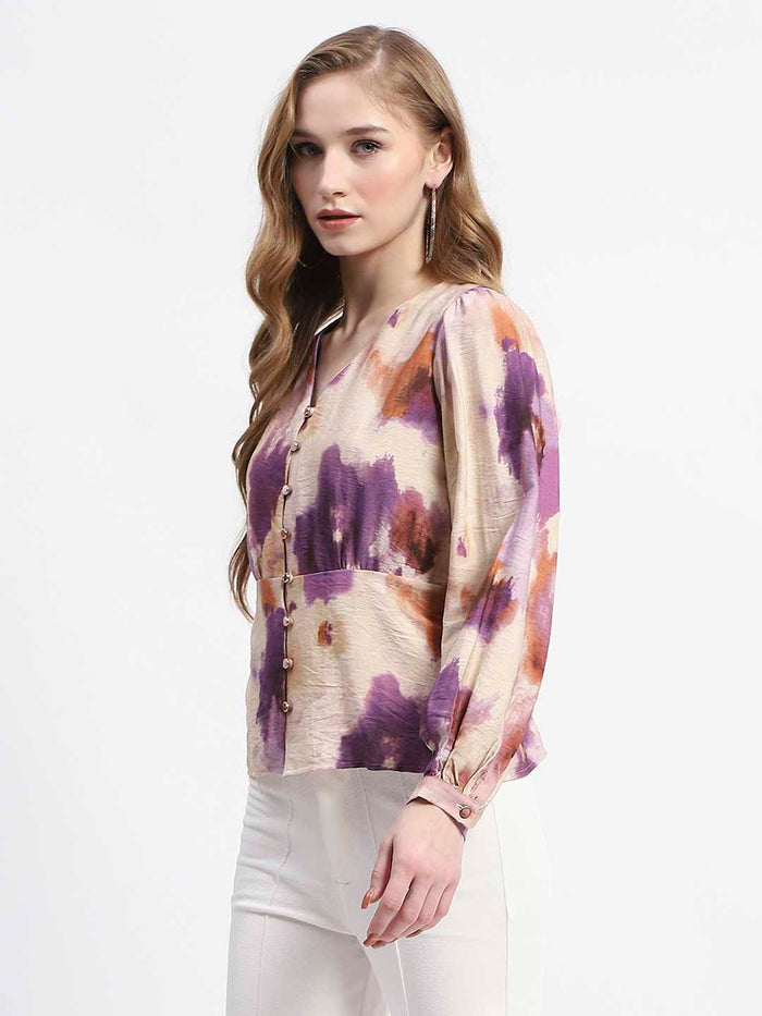 Madame Floral Print Button-Up Nylon Blend Top