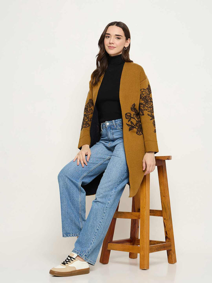 Madame Floral Print Tan Brown Open Long Shrug