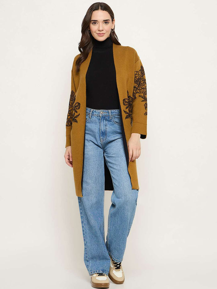 Madame Floral Print Tan Brown Open Long Shrug