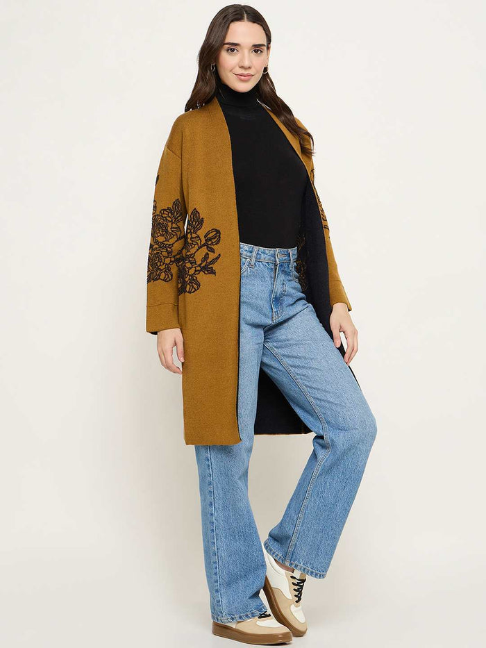 Madame Floral Print Tan Brown Open Long Shrug