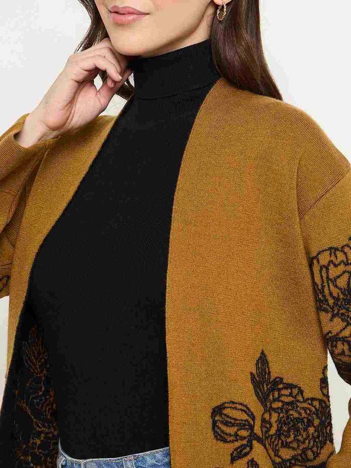 Madame Floral Print Tan Brown Open Long Shrug