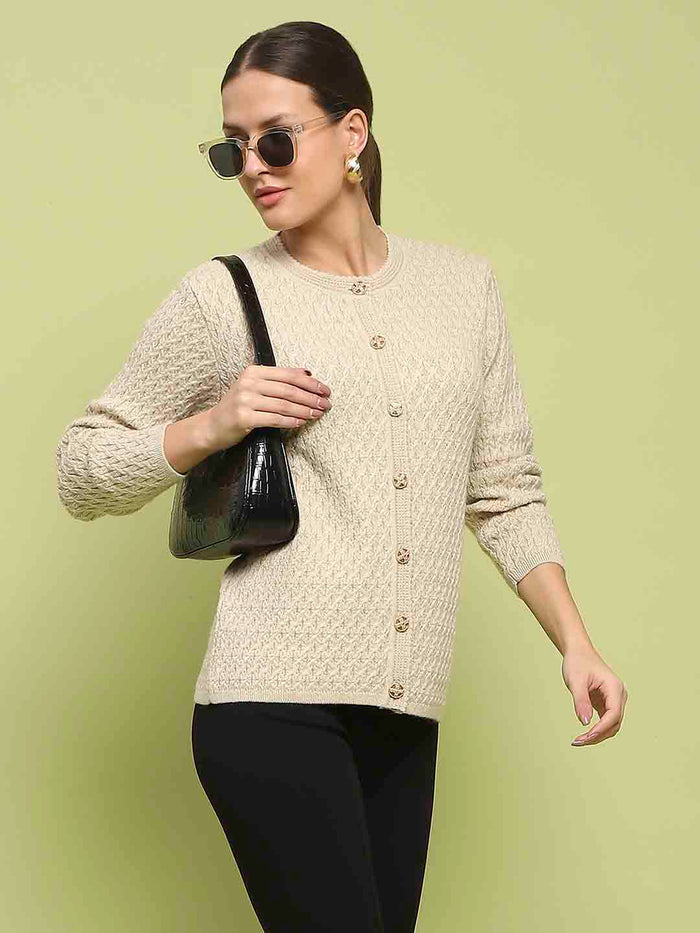 Madame Glossy Buttoned Cable Knit Beige Cardigan