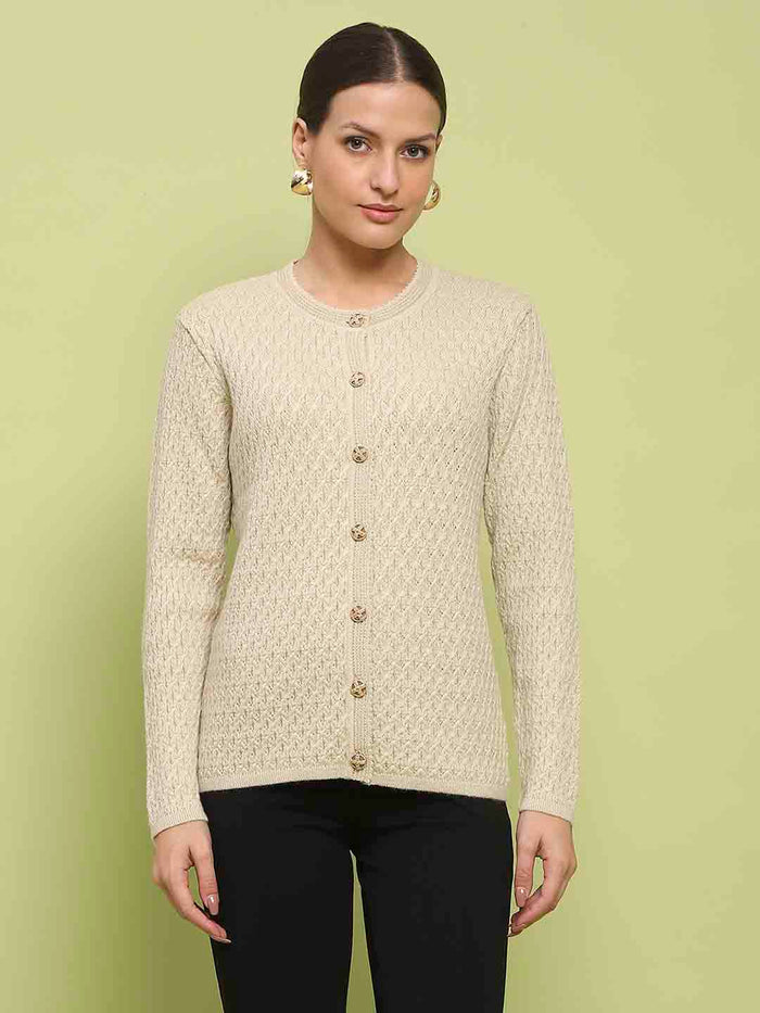 Madame Glossy Buttoned Cable Knit Beige Cardigan