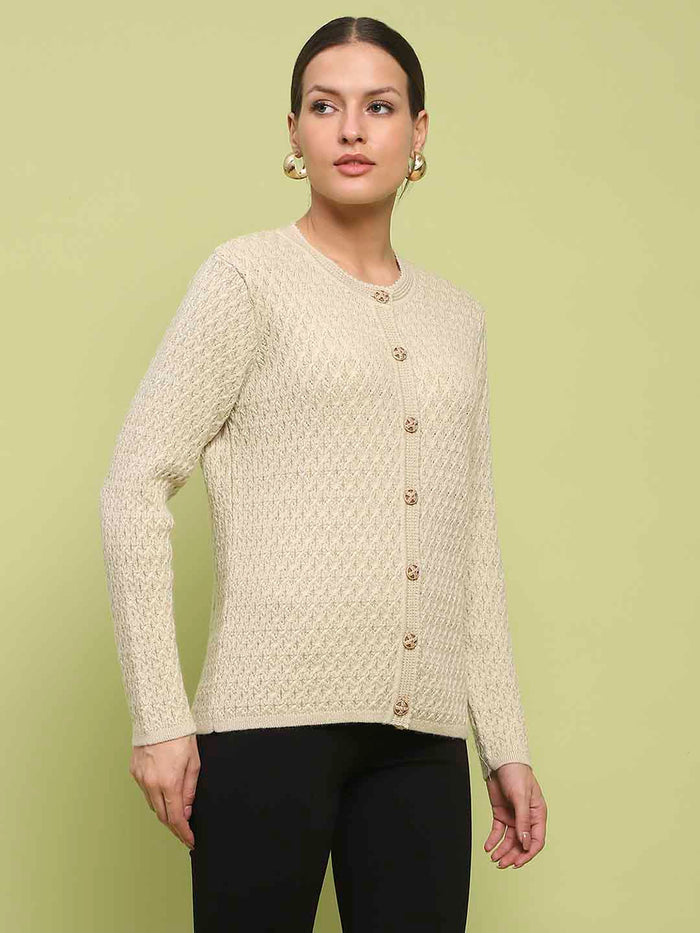Madame Glossy Buttoned Cable Knit Beige Cardigan