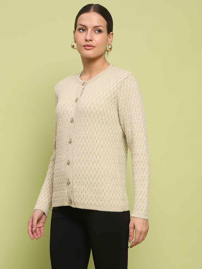 Madame Glossy Buttoned Cable Knit Beige Cardigan