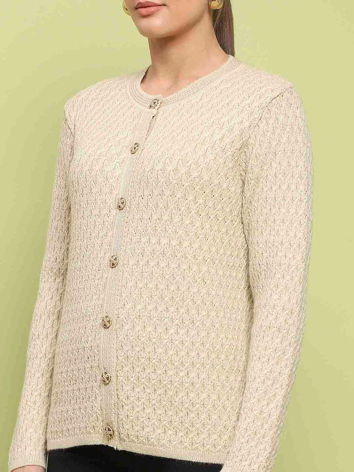 Madame Glossy Buttoned Cable Knit Beige Cardigan