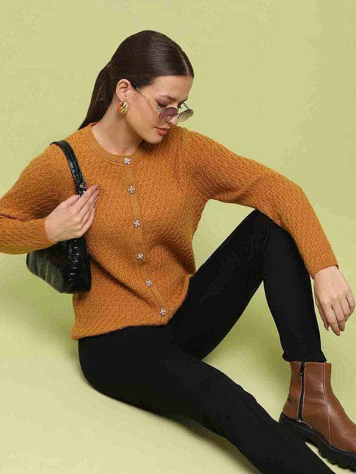Madame Glossy Buttoned Cable Knit Mustard Yellow Cardigan