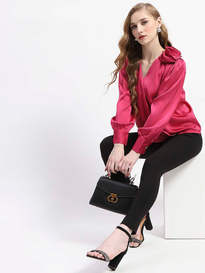 Madame Hot Pink Drape Top with Flower Applique