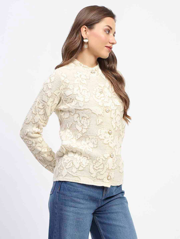 Madame Mock Neck Textured Beige Cardigan