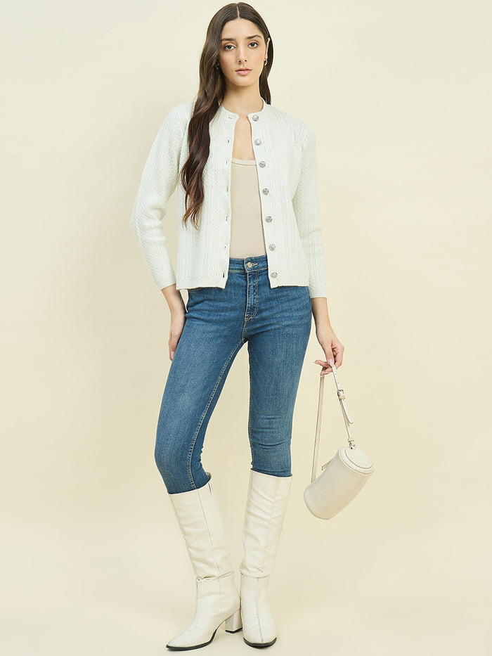 Madame Off White Round Neck Cardigan with Buttons