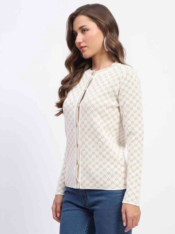 Madame Offwhite Printed Buttoned Cardigan
