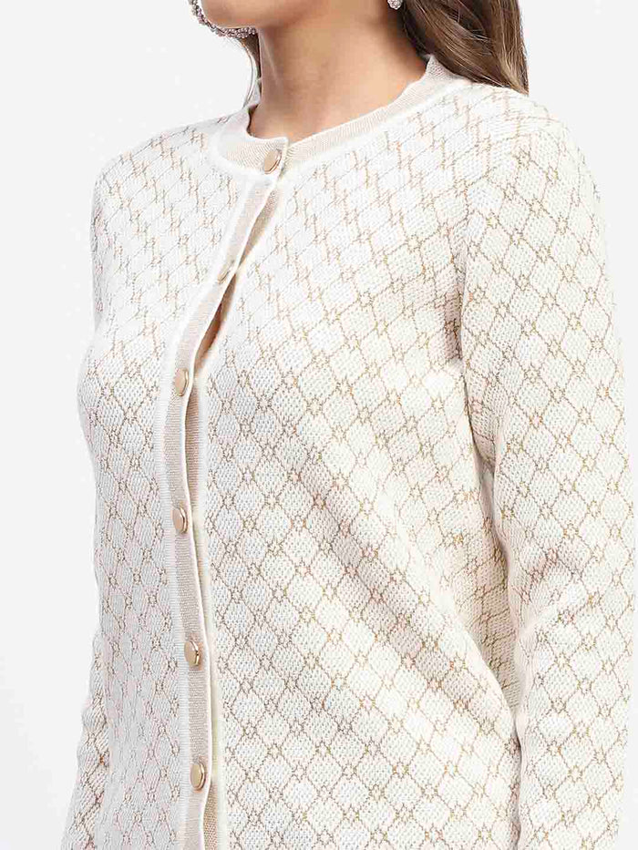 Madame Offwhite Printed Buttoned Cardigan