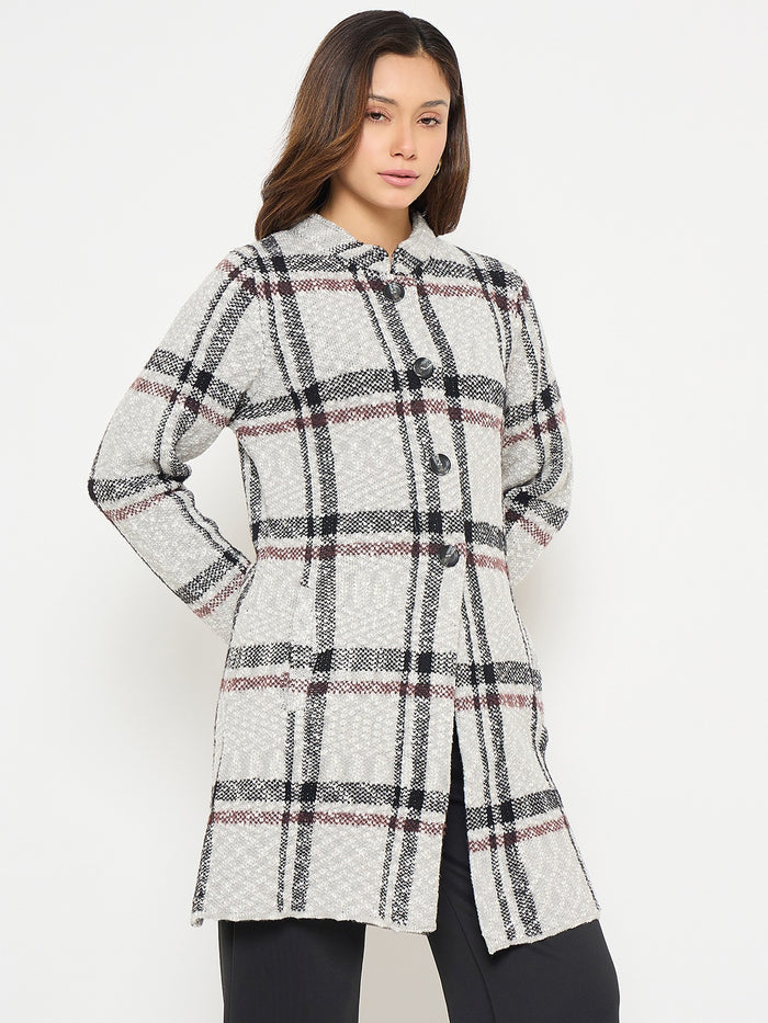 Madame Plaid Print Grey Long Cardigan