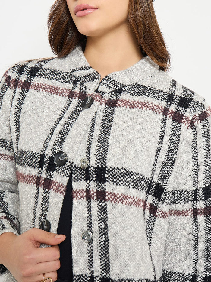Madame Plaid Print Grey Long Cardigan