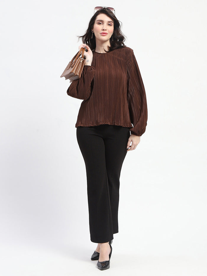 Madame Pleated Round Neck Solid Brown Top