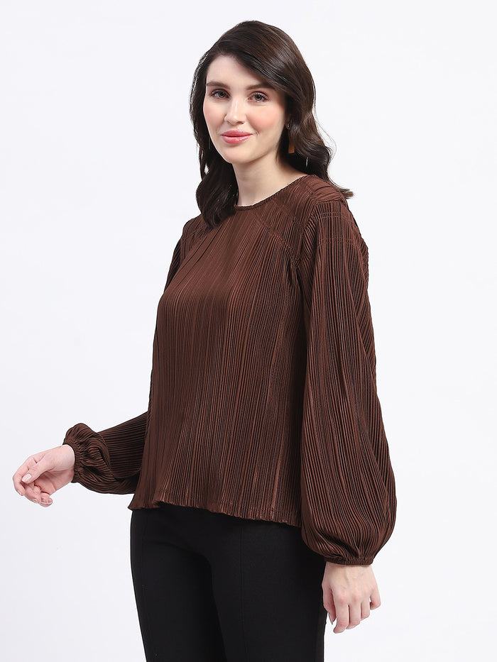 Madame Pleated Round Neck Solid Brown Top