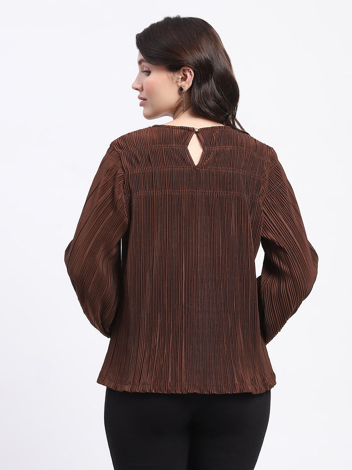Madame Pleated Round Neck Solid Brown Top