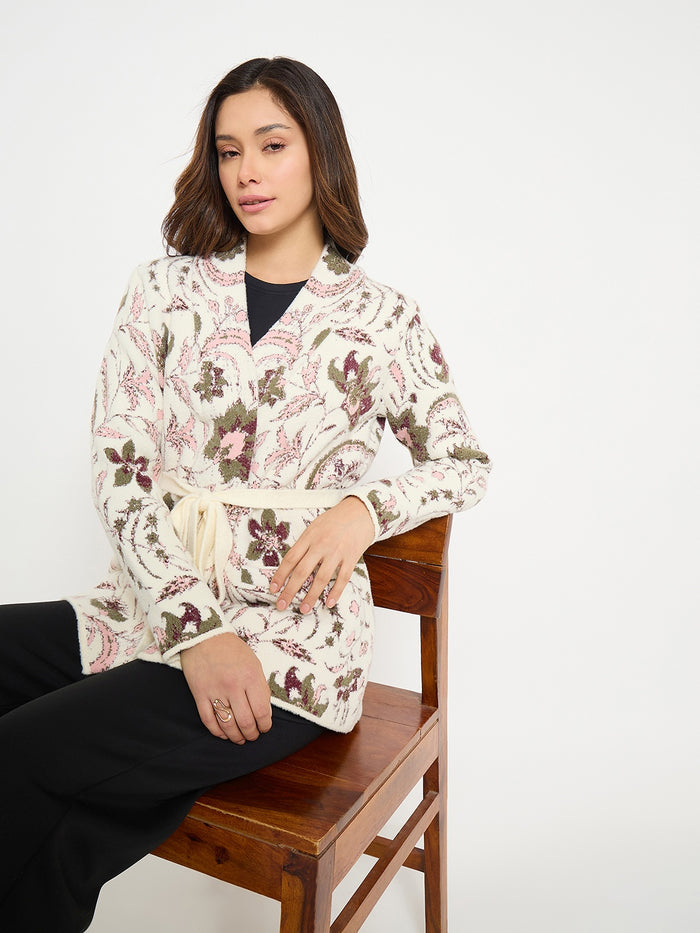 Madame Printed Beige Shrug with Belt