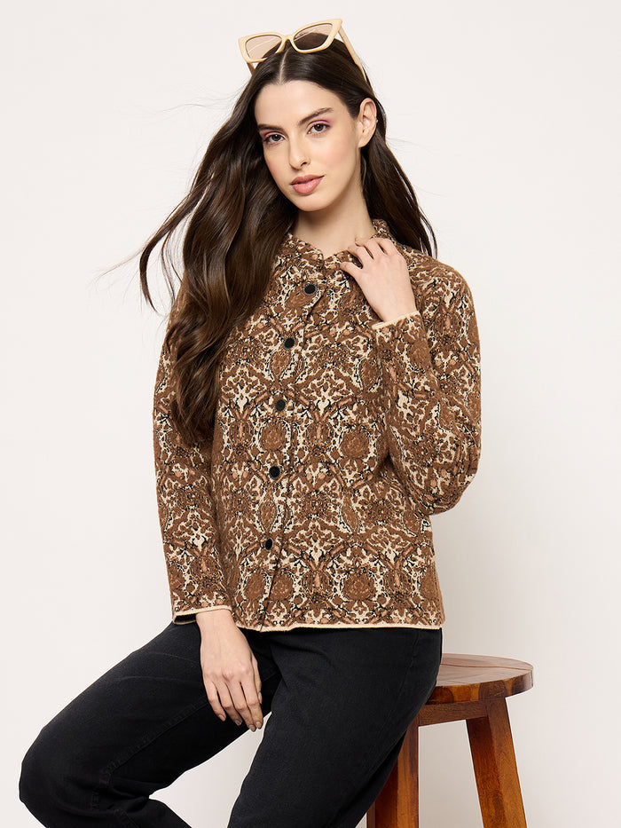 Madame Printed Brown Cardigan with Buttons