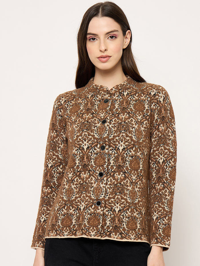 Madame Printed Brown Cardigan with Buttons