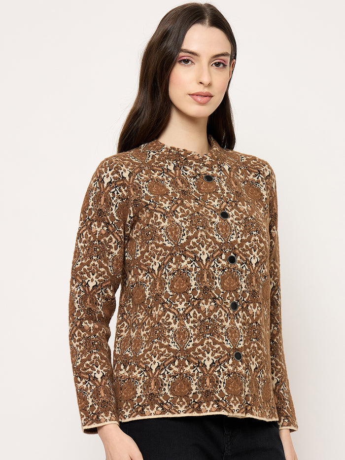 Madame Printed Brown Cardigan with Buttons