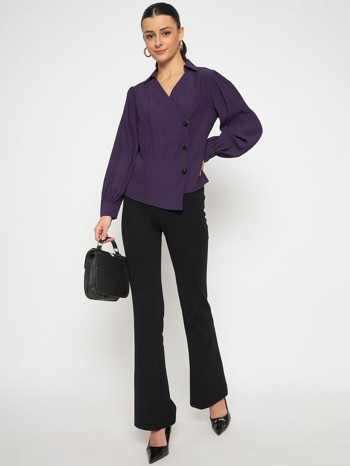 Madame Purple Asymmetrical Front Hemline Rayon Blend Shirt