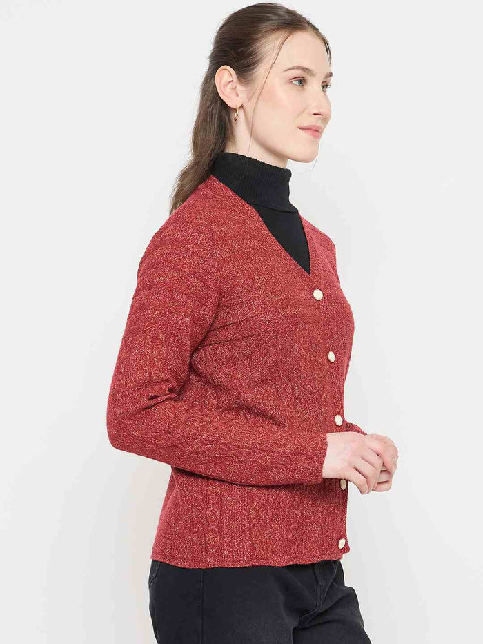 Madame Red V-Neck Cardigan with Buttons