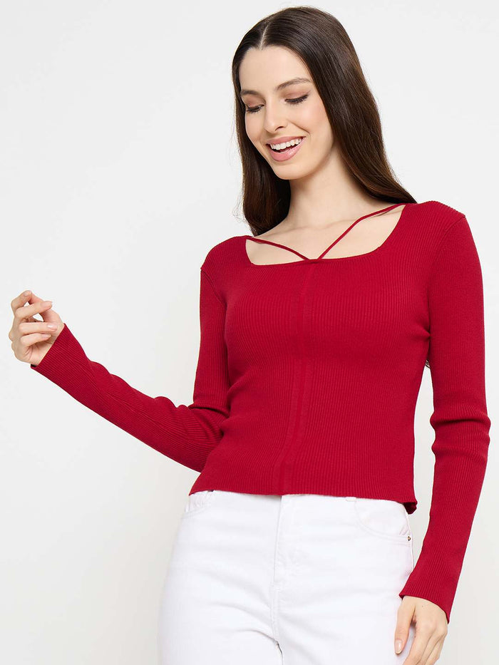 Madame Ribbed Knit Square Neck Red Crop Top