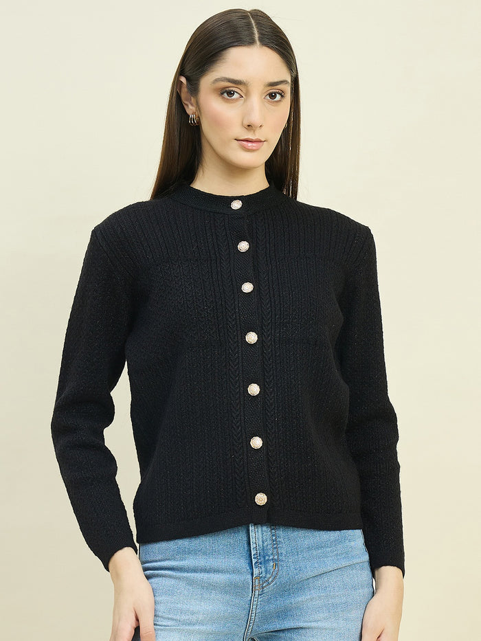 Madame Round Neck Black Knit Cardigan