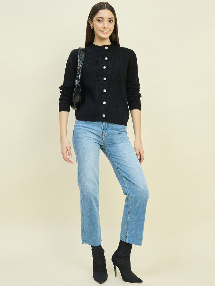 Madame Round Neck Black Knit Cardigan