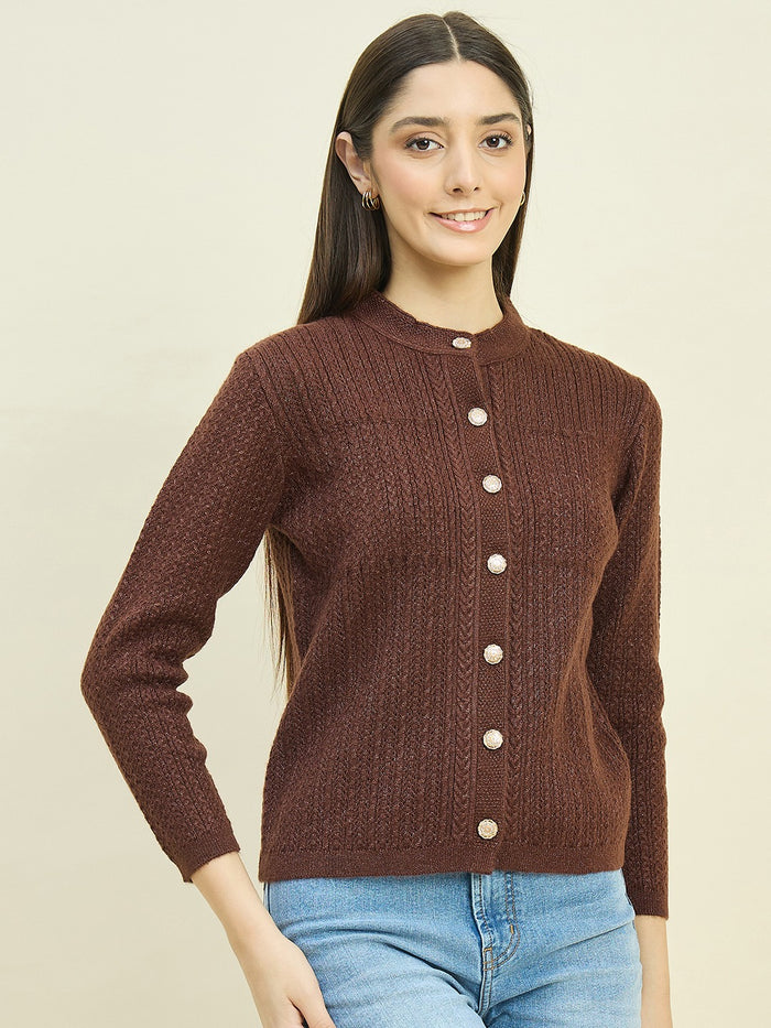 Madame Round Neck Brown Buttoned Cardigan