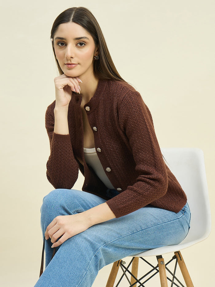 Madame Round Neck Brown Buttoned Cardigan