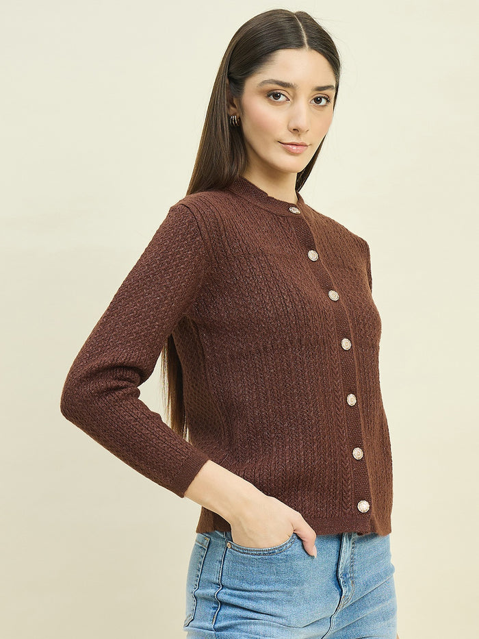 Madame Round Neck Brown Buttoned Cardigan