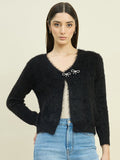 Madame Round Neck Embellished Button Black Shrug
