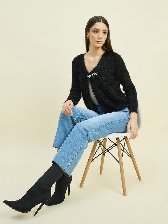 Madame Round Neck Embellished Button Black Shrug