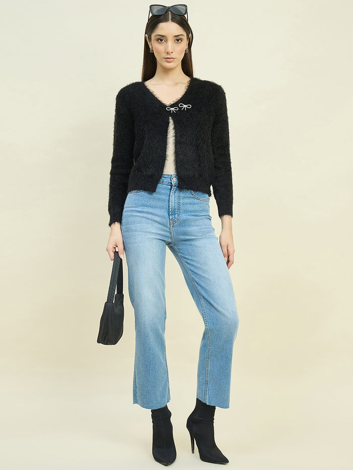 Madame Round Neck Embellished Button Black Shrug