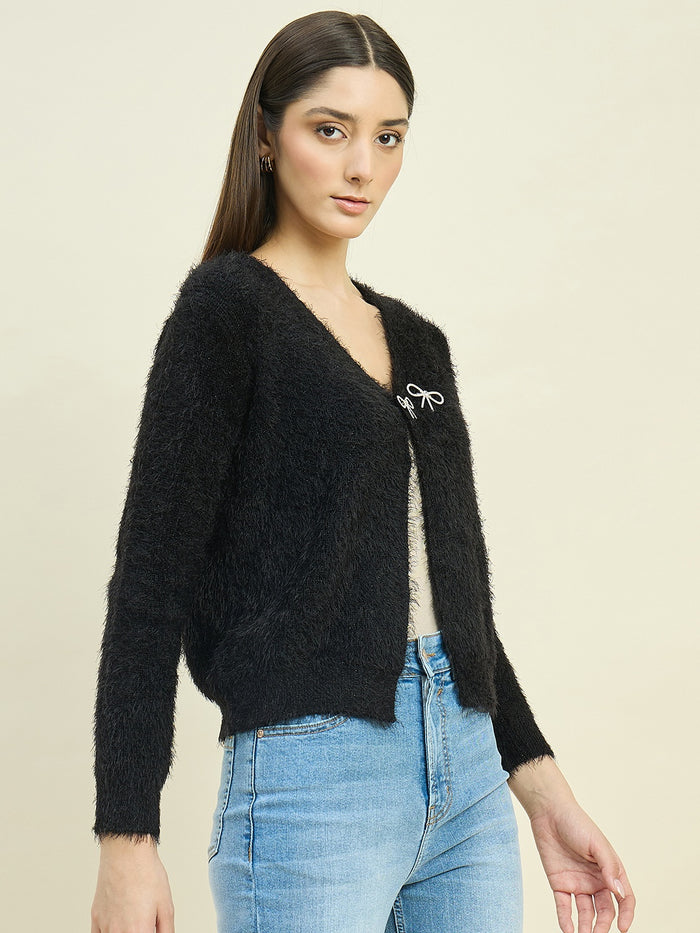 Madame Round Neck Embellished Button Black Shrug