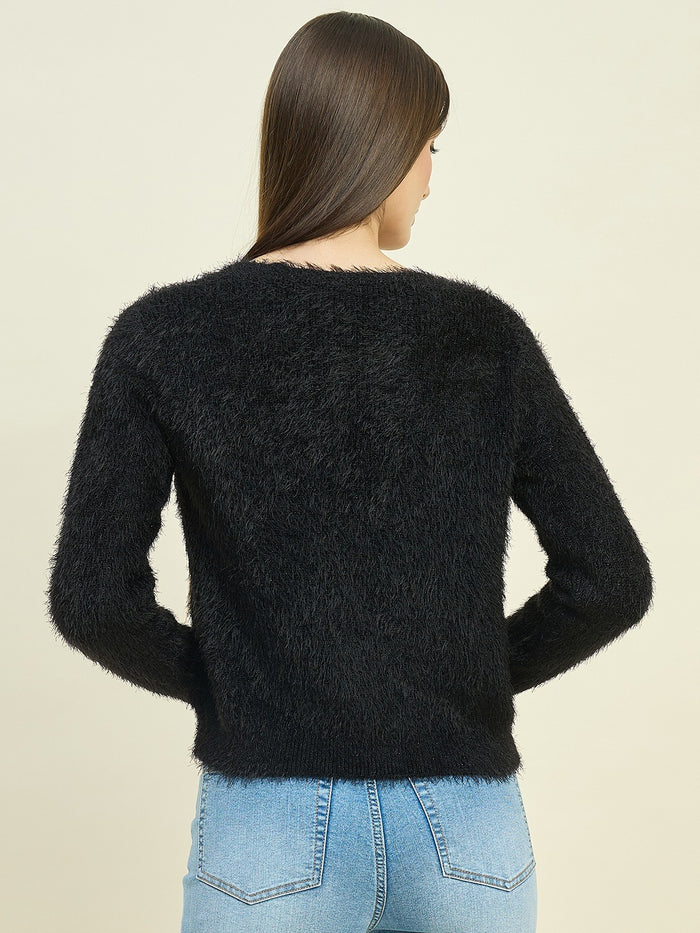Madame Round Neck Embellished Button Black Shrug
