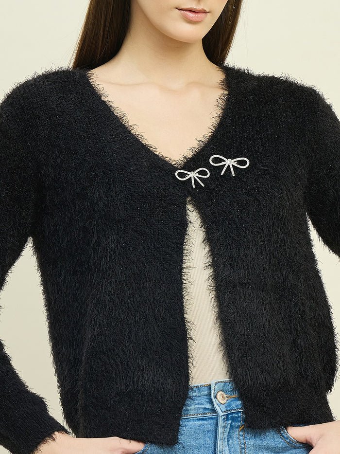 Madame Round Neck Embellished Button Black Shrug